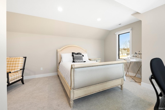 bedroom featuring recessed lighting, light colored carpet, baseboards, and lofted ceiling