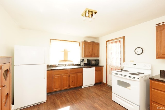 kitchen with white appliances, wood finished floors, a sink, dark countertops, and brown cabinets