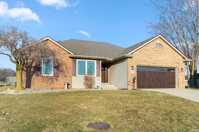 view of front of house with brick siding, concrete driveway, a front yard, roof with shingles, and an attached garage