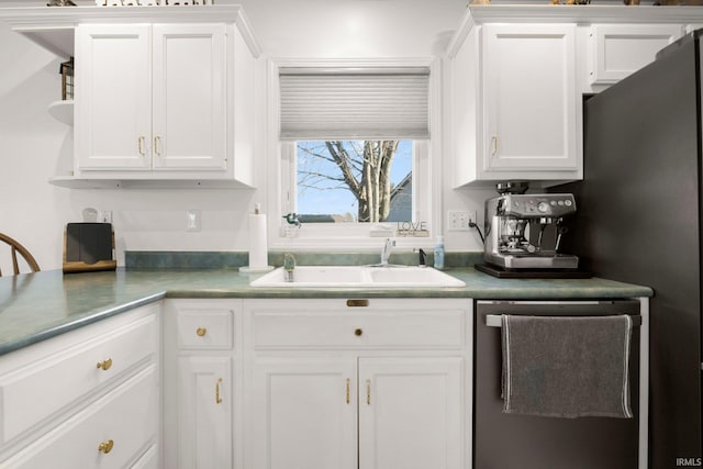 kitchen featuring a sink, open shelves, stainless steel dishwasher, and white cabinets