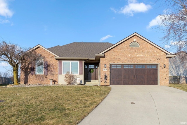 ranch-style home with driveway, roof with shingles, an attached garage, a front yard, and brick siding