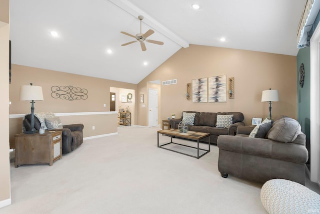 living area featuring visible vents, beam ceiling, a ceiling fan, recessed lighting, and carpet flooring