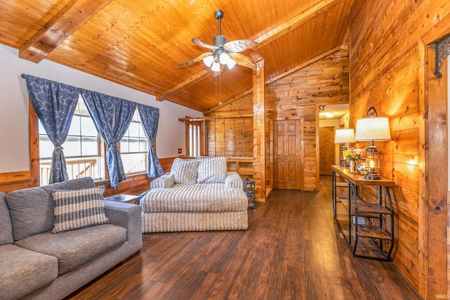 living room featuring wooden ceiling and wood walls