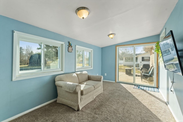 living area with a wealth of natural light, baseboards, and carpet flooring