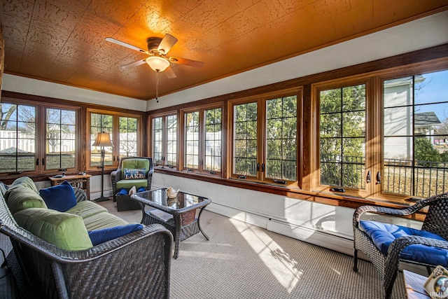 sunroom with a baseboard radiator, ceiling fan, and wooden ceiling