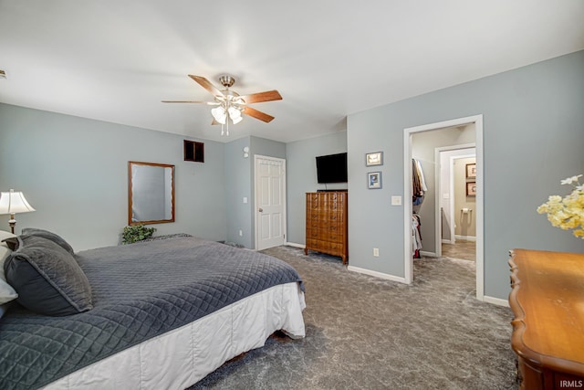 carpeted bedroom featuring visible vents, a ceiling fan, and baseboards