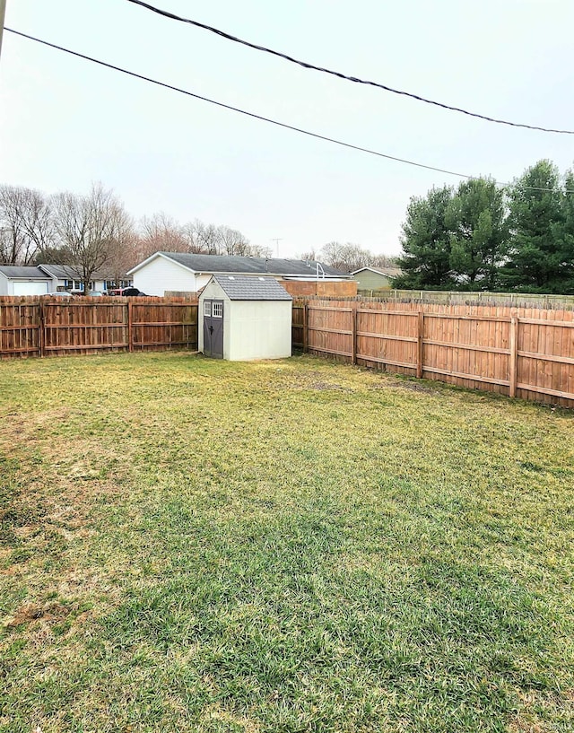 view of yard featuring a storage shed, an outbuilding, and a fenced backyard