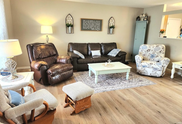 living area with baseboards and wood finished floors