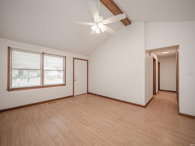 empty room with beam ceiling, light wood-style floors, visible vents, and baseboards