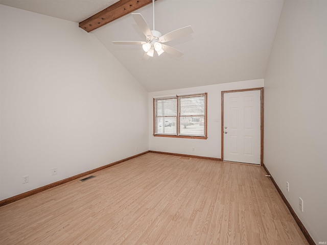 empty room featuring a ceiling fan, visible vents, baseboards, light wood-style flooring, and beamed ceiling