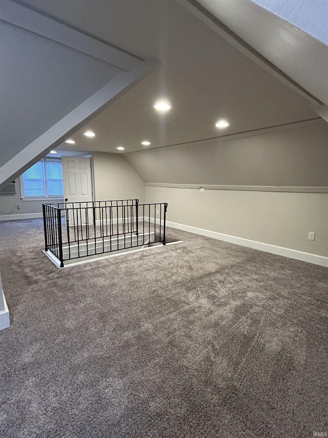 bonus room featuring vaulted ceiling, recessed lighting, baseboards, and carpet floors