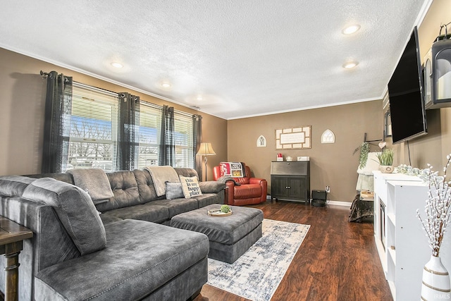 living area featuring a textured ceiling, dark wood finished floors, and crown molding