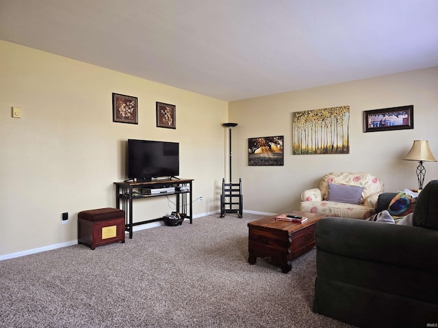 living room with baseboards and carpet