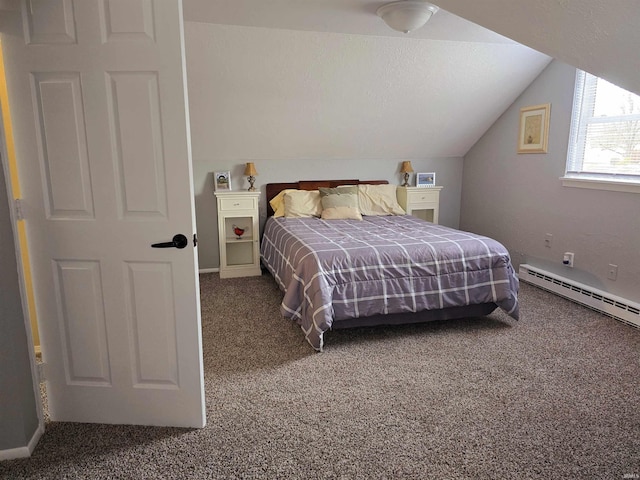 carpeted bedroom featuring baseboard heating, a textured ceiling, and lofted ceiling