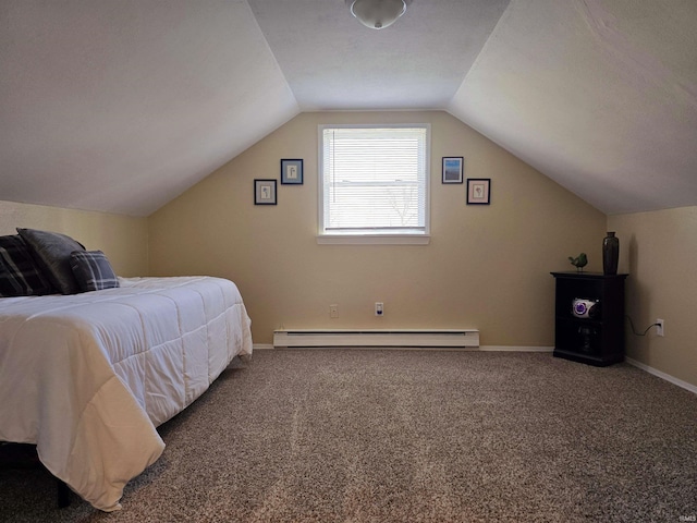 carpeted bedroom featuring a baseboard heating unit, baseboards, and vaulted ceiling