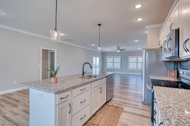 19138 Braeburn Dr, Evansville, IN 47725 - kitchen featuring white cabinets, stainless steel appliances, crown molding, and a sink