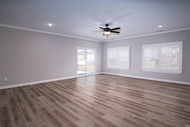 19138 Braeburn Dr, Evansville, IN 47725 - empty room with baseboards, a ceiling fan, crown molding, and dark wood-type flooring