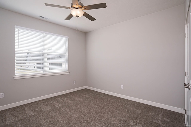 19138 Braeburn Dr, Evansville, IN 47725 - spare room featuring visible vents, baseboards, a ceiling fan, and dark colored carpet
