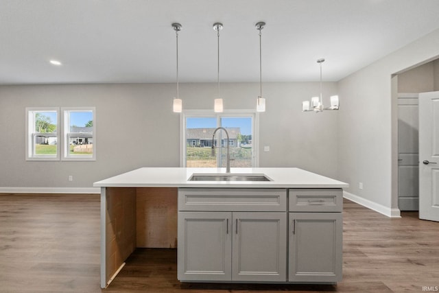 kitchen with a wealth of natural light, gray cabinets, wood finished floors, and a sink