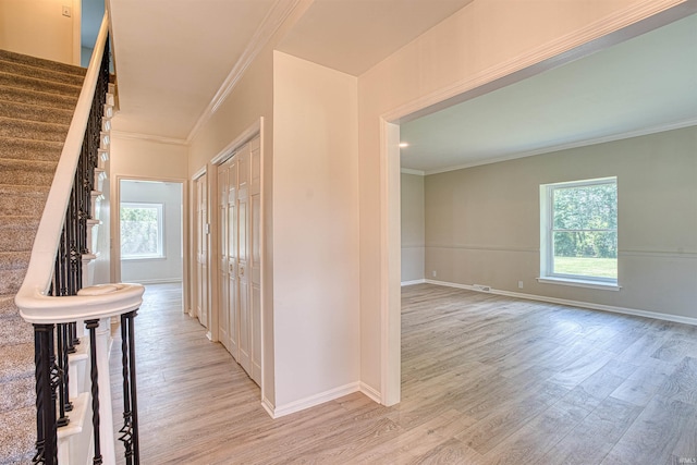 9700 Big Cynthiana Rd, Evansville, IN 47720 - corridor with baseboards, light wood-style floors, and ornamental molding