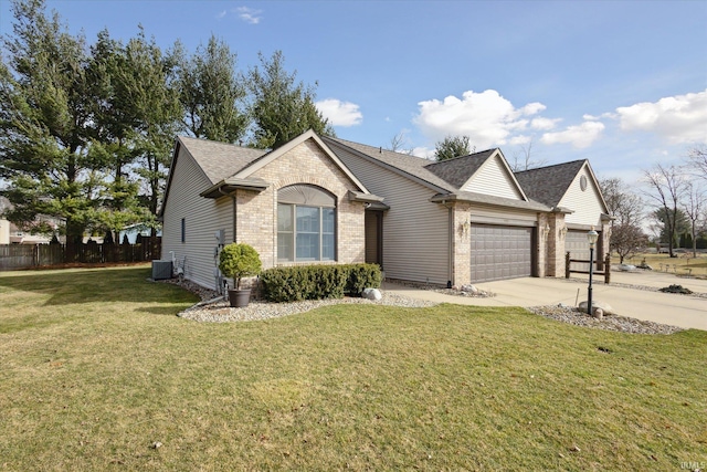 ranch-style house with central air condition unit, a front lawn, fence, a garage, and brick siding