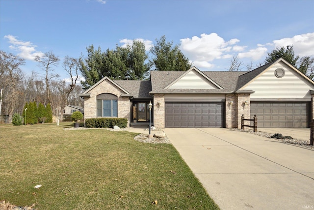 ranch-style home with a front yard, an attached garage, brick siding, and concrete driveway