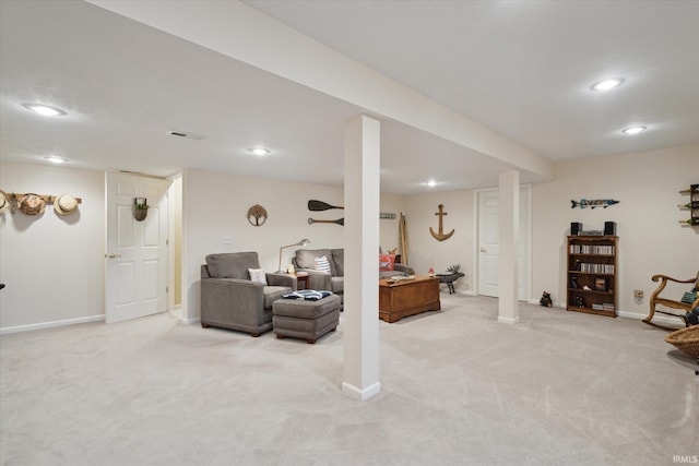 carpeted living room featuring visible vents, recessed lighting, and baseboards