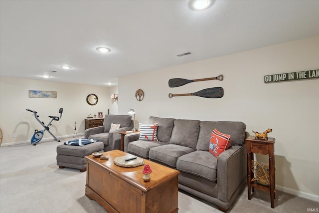 living room featuring recessed lighting, visible vents, light carpet, and baseboards