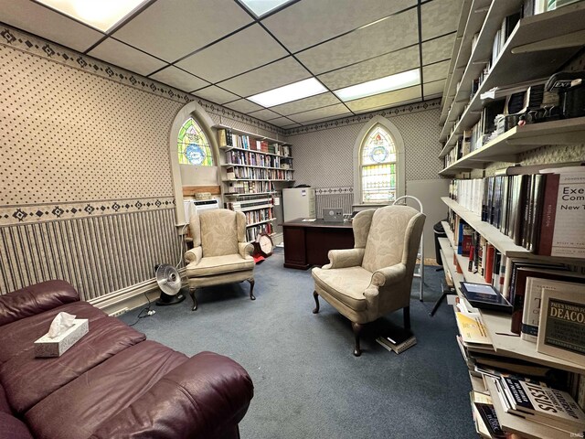 316 N Main St, Churubusco, IN 46723 - home office with a paneled ceiling, carpet flooring, and wallpapered walls