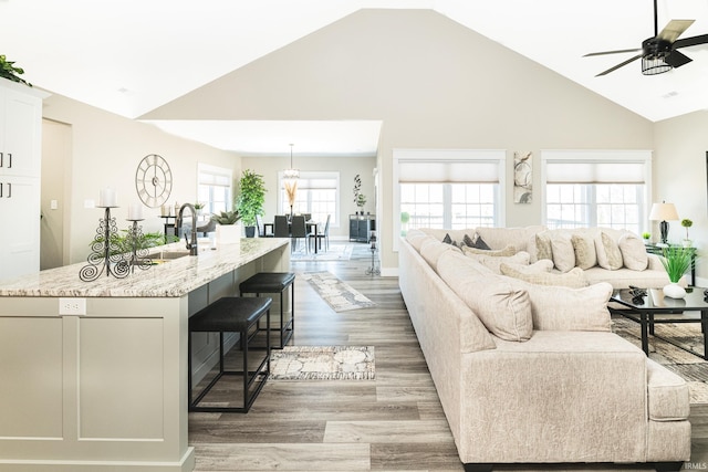 living room featuring high vaulted ceiling, wood finished floors, and ceiling fan with notable chandelier