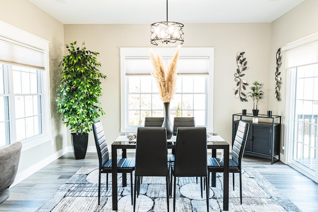 dining area with a chandelier, baseboards, a healthy amount of sunlight, and wood finished floors
