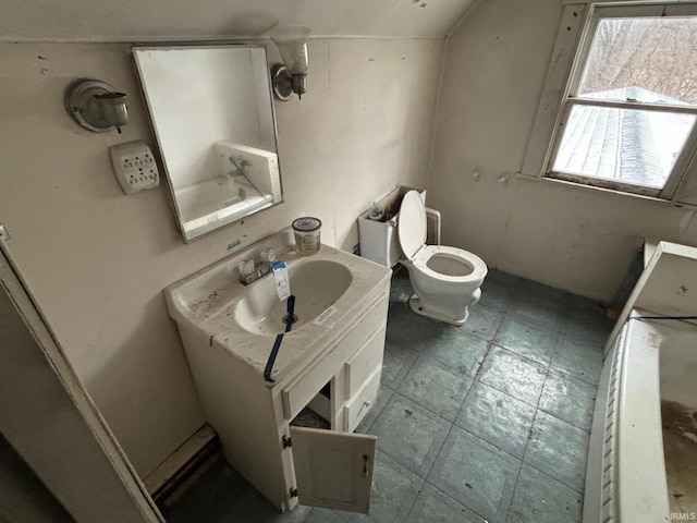 bathroom with toilet, vanity, and vaulted ceiling