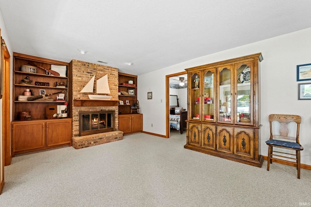 760 Ln 136 Turkey Lk, Hudson, IN 46747 - living area with light carpet, visible vents, a brick fireplace, and baseboards