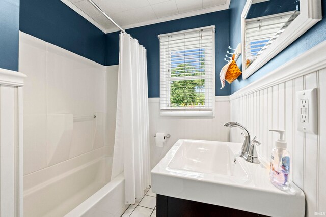 760 Ln 136 Turkey Lk, Hudson, IN 46747 - full bathroom with a wainscoted wall, a sink, tile patterned flooring, shower / bath combination with curtain, and ornamental molding