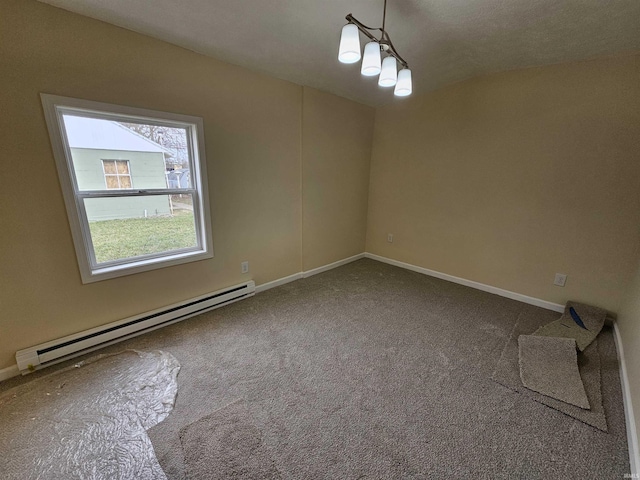 unfurnished room featuring a baseboard radiator, baseboards, and carpet flooring