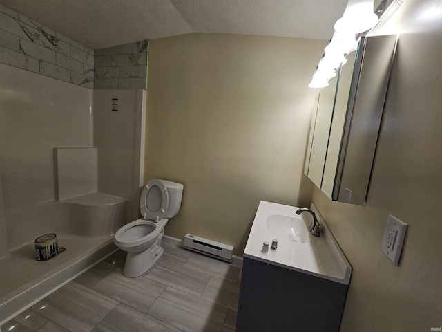 bathroom with a baseboard radiator, vanity, toilet, and a shower