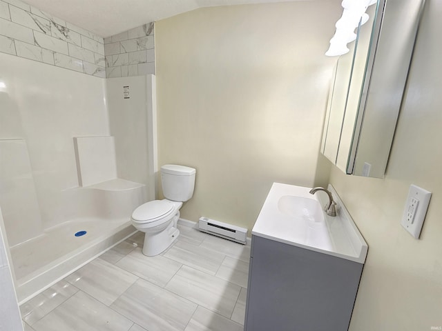bathroom featuring a baseboard radiator, toilet, walk in shower, and vanity