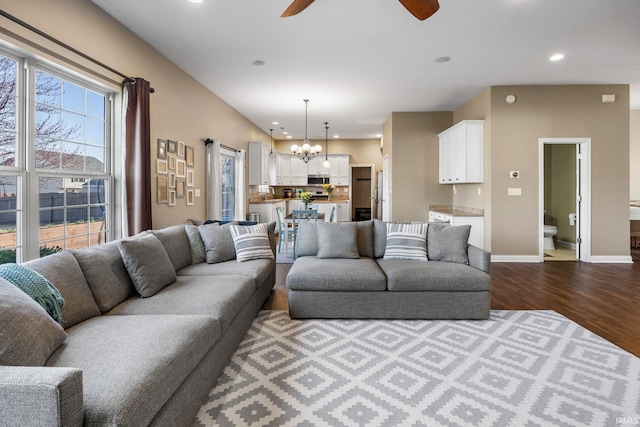 1814 Abbotsbury Way, Lafayette, IN 47909 - living area with dark wood-style floors, recessed lighting, ceiling fan with notable chandelier, and baseboards