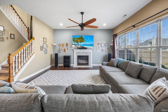 1814 Abbotsbury Way, Lafayette, IN 47909 - living room with visible vents, baseboards, a ceiling fan, and wood finished floors