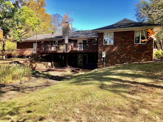 9420 Darmstadt Rd, Evansville, IN 47710 - rear view of property with a yard, a chimney, and a wooden deck
