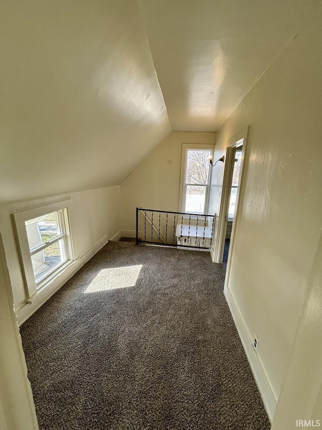 additional living space with dark colored carpet, baseboards, and vaulted ceiling