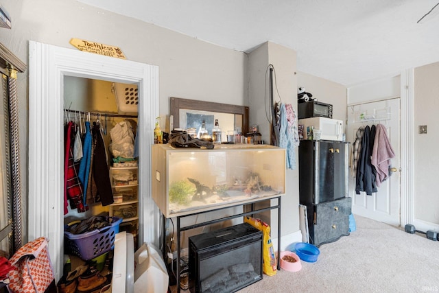 interior space featuring white microwave and carpet flooring