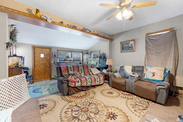 carpeted living area with lofted ceiling and ceiling fan