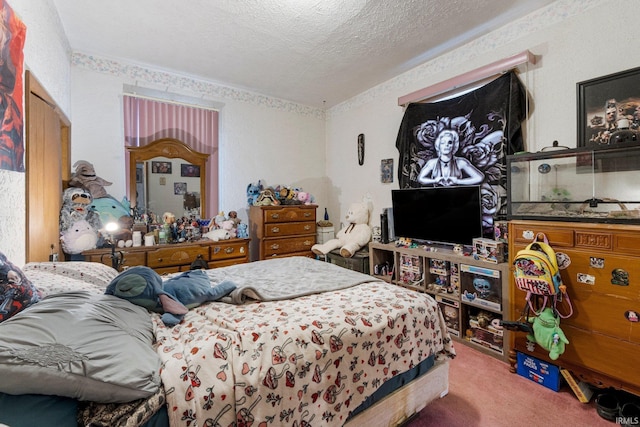 carpeted bedroom with a textured ceiling