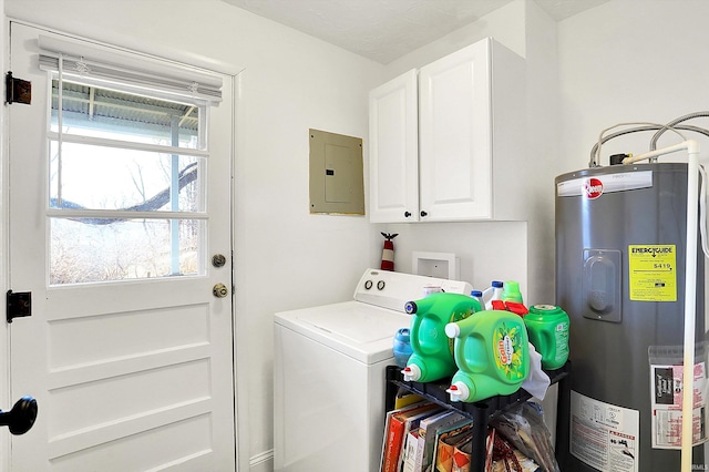 clothes washing area featuring cabinet space, electric water heater, electric panel, and washer / dryer