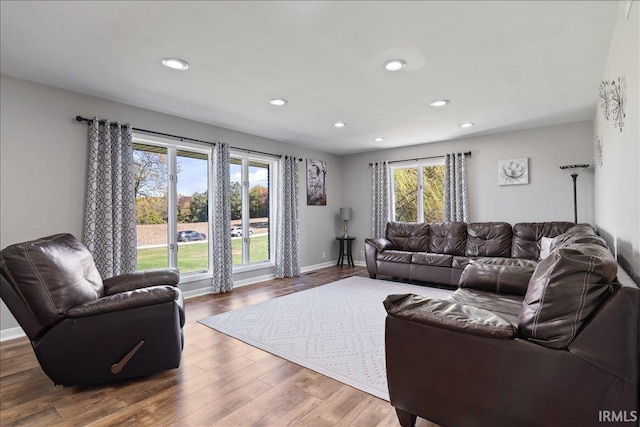 living area featuring recessed lighting, a wealth of natural light, baseboards, and wood finished floors
