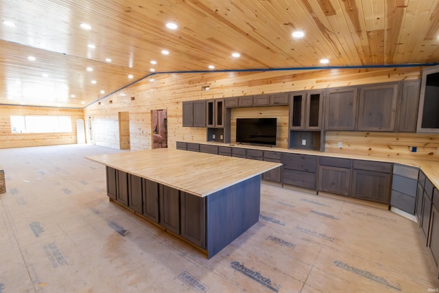 2723 E Kammerer Rd, Kendallville, IN 46755 - kitchen with vaulted ceiling, wood ceiling, wood walls, wood counters, and recessed lighting