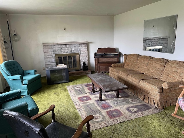 carpeted living room featuring a stone fireplace
