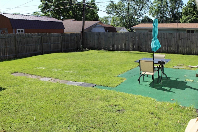 view of yard with a fenced backyard and a patio