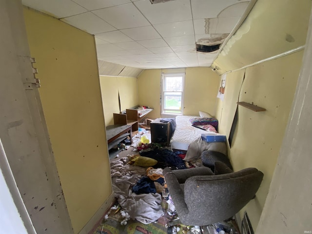 bedroom featuring a drop ceiling and vaulted ceiling